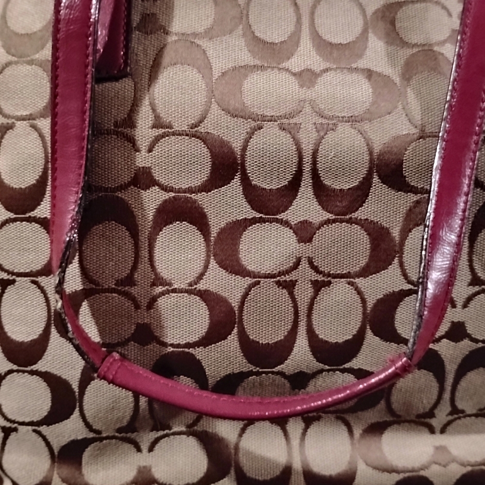 Coach Tan and Burgundy Patterned Shoulder Bag
